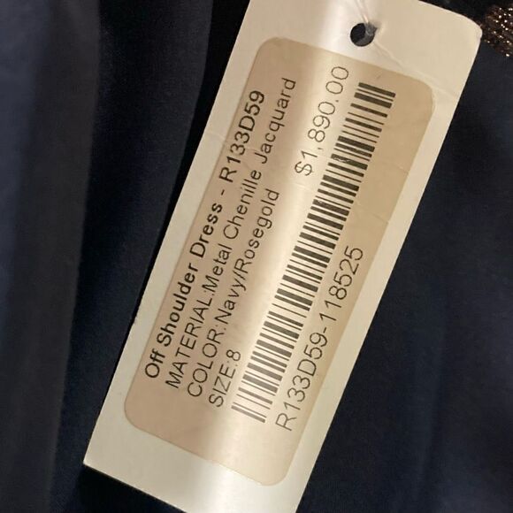 J. Mendel, Navy & Rose Gold Metal Chenille Jacquard Off Shoulder Dress Women’s 8 - Picture 3 of 15